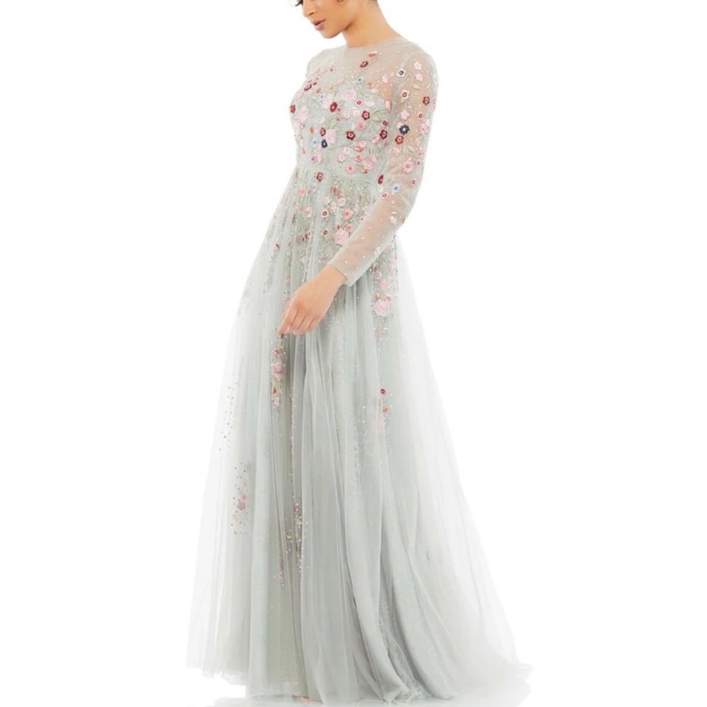 Mac Duggal Floral Embroidered Illusion High Neck Long Sleeve A Line Gown Reemoly
